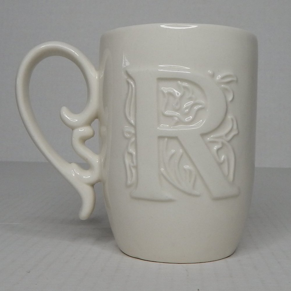 Mud Pie Coffee Cup Monogram 'R' 3D Embossed White